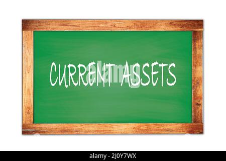 CURRENT  ASSETS text written on green wooden frame school blackboard. Stock Photo