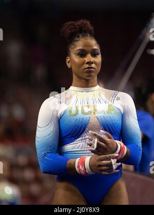 March 19, 2022: Olympian and UCLA Bruin gymnast Jordan Chiles during the 2022 Pac-12 Women's Gymnastics Championships. Melissa J. Perenson/CSM Stock Photo