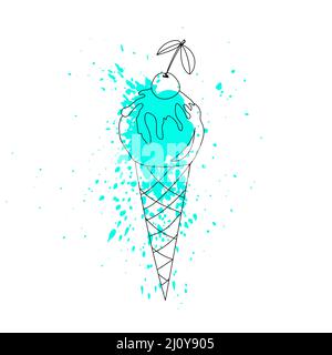 Ice cream cone with cherry. Vector illustration in line art style with mint paint splash for prints, stickers, posters, postcards, menu design, cafe Stock Vector