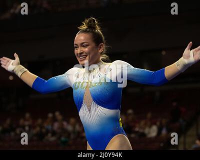 March 19, 2022: UCLA gymnast Norah Flatley celebrates after landing her vault during the 2022 Pac-12 Women's Gymnastics Championships. Melissa J. Perenson/CSM Stock Photo