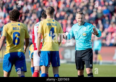 Aalborg, Denmark. 20th Mar, 2022. Referee Jens Maae seen in action during the 3F Superliga match between Aalborg Boldklub and Broendby IF at Aalborg Portland Park in Aalborg. (Photo Credit: Gonzales Photo/Alamy Live News Stock Photo