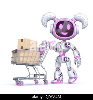 Cute pink girl robot push shopping cart 3D Stock Photo