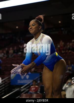 March 19, 2022: Olympian and UCLA Bruin gymnast Jordan Chiles during the 2022 Pac-12 Women's Gymnastics Championships. Melissa J. Perenson/CSM Stock Photo