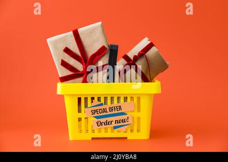 Black friday decoration presents basket. High quality photo Stock Photo