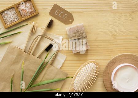 Bamboo toothbrushes soap top view. High quality photo Stock Photo