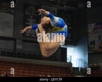 March 19, 2022: UCLA gymnast Norah Flatley competes during the 2022 Pac-12 Women's Gymnastics Championships. Melissa J. Perenson/CSM Stock Photo