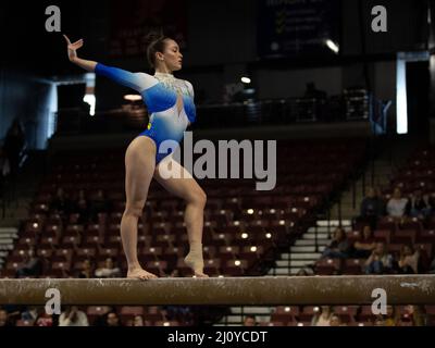 March 19, 2022: UCLA gymnast Norah Flatley competes during the 2022 Pac-12 Women's Gymnastics Championships. Melissa J. Perenson/CSM Stock Photo