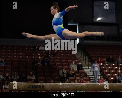 March 19, 2022: UCLA gymnast Norah Flatley competes during the 2022 Pac-12 Women's Gymnastics Championships. Melissa J. Perenson/CSM Stock Photo