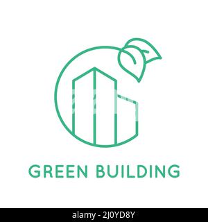 Green building line icon. Residential building inside circle with leaves. Environmental friendly construction industry. Modern ecological skyscraper Stock Vector