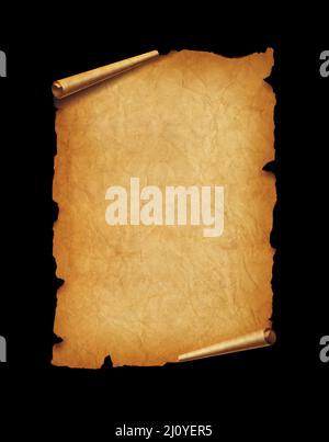 Old mediaeval paper sheet. Parchment scroll isolated on black background Stock Photo