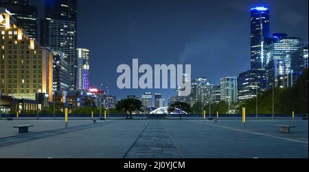 Panoramic view of empty urban floor with city skyline Stock Photo