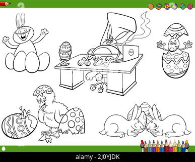 Happy Easter set of black and white cartoons with bunnies and chick with eggs coloring book page Stock Vector