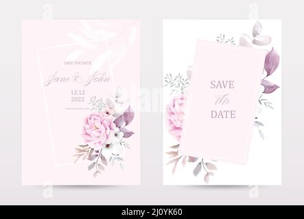 Watercolor pink rose flowers invitation template cards set. Collection watercolor botanical vector suitable for Wedding Invitation, save the date, tha Stock Vector