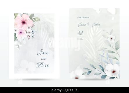 Watercolor flowers invitation template cards set. Collection watercolor botanical vector suitable for Wedding Invitation, save the date, thank you, or Stock Vector