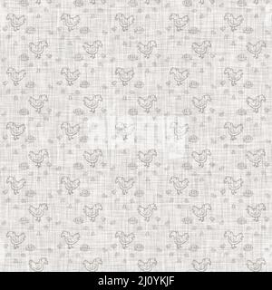 Farmhouse grey chicken hen linen seamless pattern. Tonal french country cottage style farm animal background. Simple vintage rustic fabric textile Stock Photo