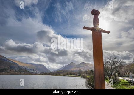 Sculpture of King Arthur's sword Excalibur at Llanberis, Snowdonia National Park, North Wales, UK. Stock Photo