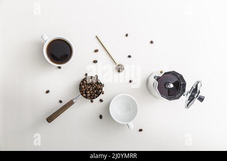 Flat lay coffee cup with kettle empty mug. High quality photo Stock Photo