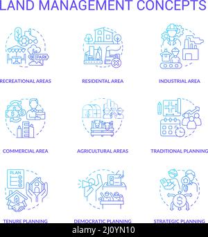 Land management blue gradient concept icons set Stock Vector