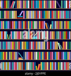 Wooden bookcase full of different books. Seamless pattern. Education library and bookstore concept. Vector illustration. Stock Vector