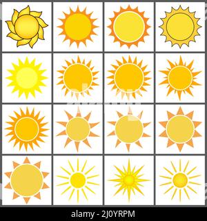 Yellow sun icon set. Vector illustration isolated on white background Stock Vector