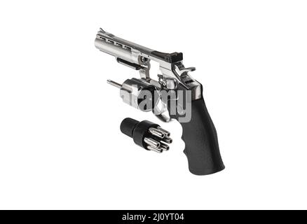 Pneumatic pistol revolver for sports and entertainment with bullet  cartridges casings. Airsoft gun on white background Stock Photo - Alamy