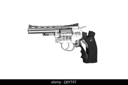 Pneumatic pistol revolver for sports and entertainment with bullet  cartridges casings. Airsoft gun on white background Stock Photo - Alamy