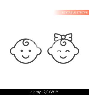Happy smiling baby boy and girl. Outlined vector icon. Stock Vector