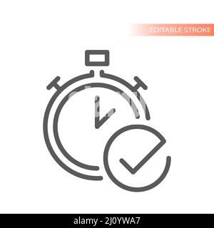 Clock and checkmark or tick line vector icon. Deadline complete outlined symbol. Stock Vector