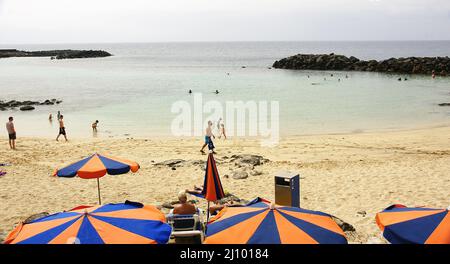 Parasols at Playa Bastian in Lanzarote, Canary Islands, Spain, Europe Stock Photo