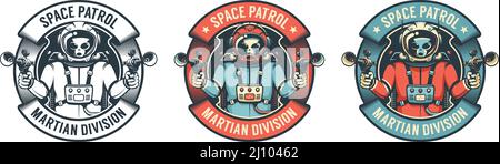 Vintage space badge with alien in spacesuit. Martian with laser pistols - retro logo. Vector image. Stock Vector