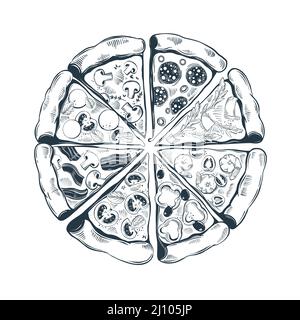 Hand drawn pizza slices with different toppings Stock Vector