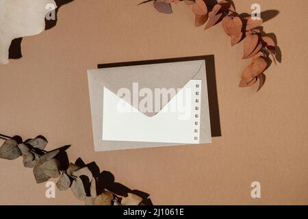 Top view stationery envelope with dried leaves Stock Photo
