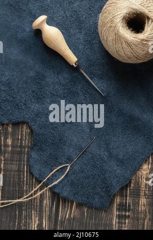 Flat lay fabric thread arrangement Stock Photo