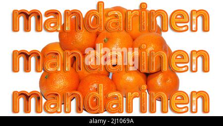 Tangerine on a white background and with a label in a European language Stock Photo