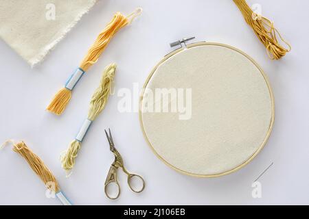 Top view sewing thread scissors Stock Photo