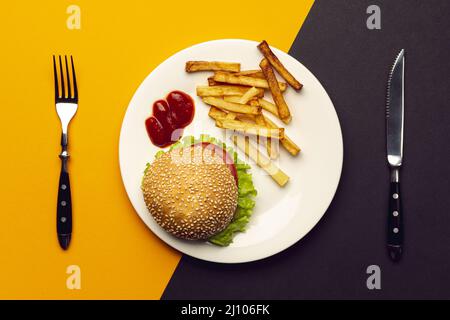 Top view burger with french fries plate Stock Photo