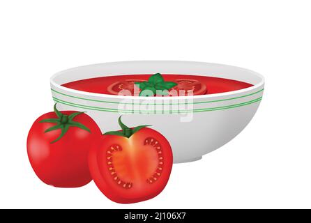 Gazpacho or tomatoes soup in a bowl served with basil leaves on white background, vector illustration Stock Vector