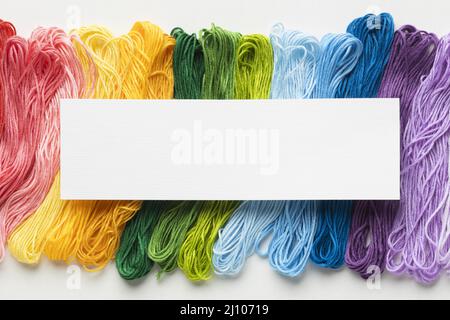 Colorful thread arrangement flat lay Stock Photo