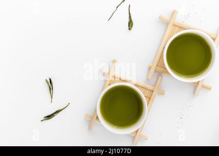 Top view ceramic cups with matcha tea Stock Photo