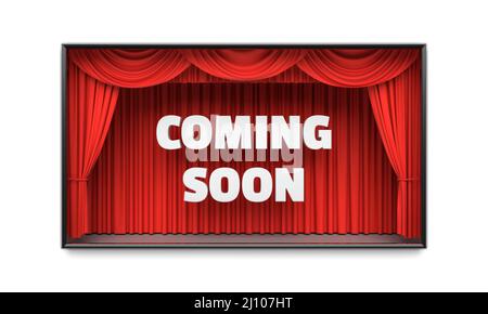 Coming Soon poster with red stage curtains isolated on white background Stock Photo