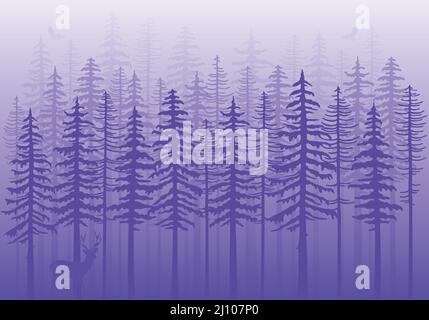 Purple winter forest with fir trees, deer and birds, very peri vector background illustration Stock Vector