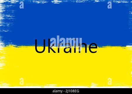 A background with ukrainian flag colors and ukraine name Stock Photo