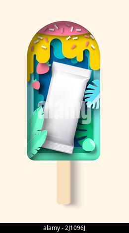 Paper cut ice cream on stick with realistic packaging pouch, vector illustration. Fruit popsicle, summer sweet dessert. Stock Vector
