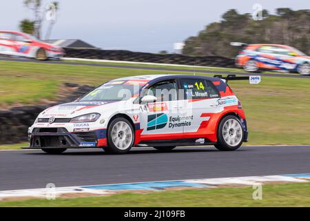 Cowes, Australia. 20th Mar, 2022. Lachlan Mineeff (#14 Purple Sector Volkswagen Golf GTI) during Race 2 of the Supercheap Auto TCR Australia Series at Phillip Island Grand Prix Circuit. Credit: SOPA Images Limited/Alamy Live News Stock Photo