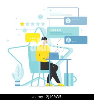 Angry client leaving negative feedback, vector illustration. Bad review, one star rating, bad customer experience. Stock Vector