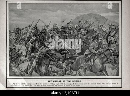 The Charge of the 5th Lancers (21 October 1899) The Battle of Elandslaagte ended in the gloom of settling night with the Charge of the Lancers upon the routed Boers. The horrible scene is here depicted. The bugler boy who shot several Boers with his revolver is shown in the midst drawing by Richard Caton Woodville from the book ' South Africa; its history, heroes and wars ' by William Douglas Mackenzie, and Alfred Stead, Publisher Chicago, Philadelphia : Monarch Book Company in 1890 Stock Photo