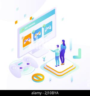 Parental control for kids gaming, vector isometric illustration. Stock Vector