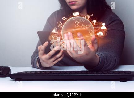 Woman hand holding virtual global Internet connection. Technology and digital marketing. Financial and banking. Big data. Stock Photo