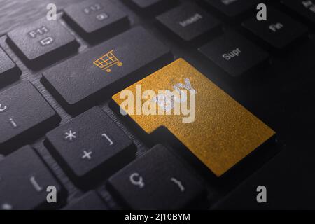 Keyboard with buy button. Internet web store buy online concept. Add to cart. E-commerce digital business. Stock Photo