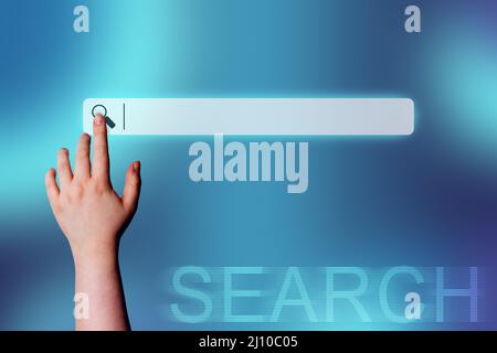 Hand touching search icon bar with copy space. Concept of searching browsing Internet data information. Stock Photo